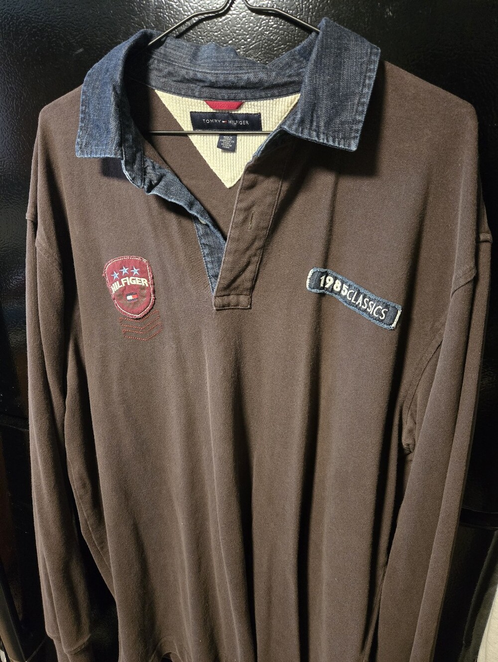 Vintage Tommy Hilfiger Rugby Shirt - Brown Denim Collar (Size L men's)
